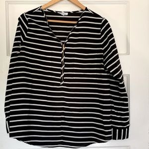 Calvin Klein black and white blouse with gold zipper and button details